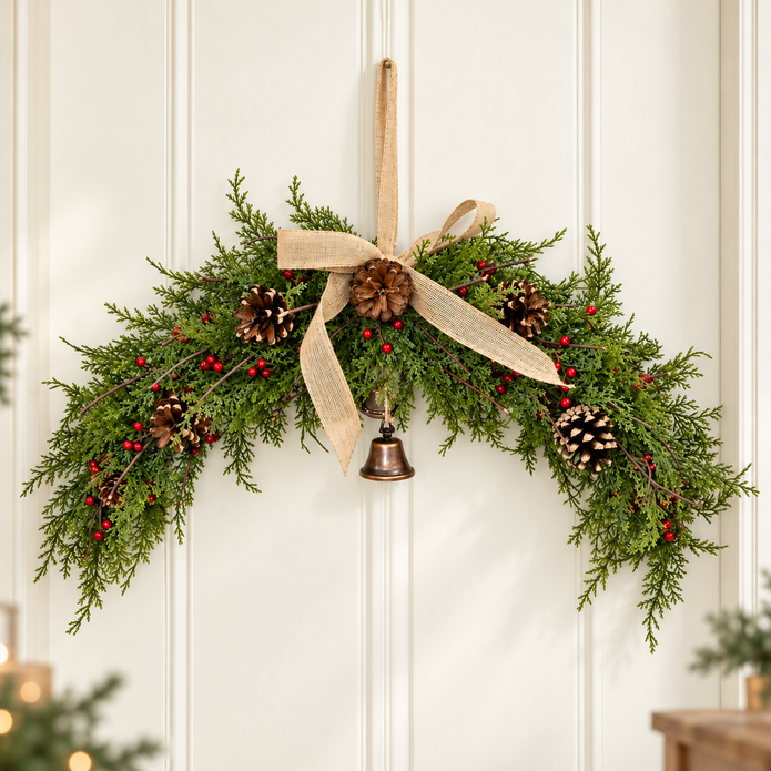 Red berry spruce Christmas arched swag with hessian bow styled on a cream panelled wall