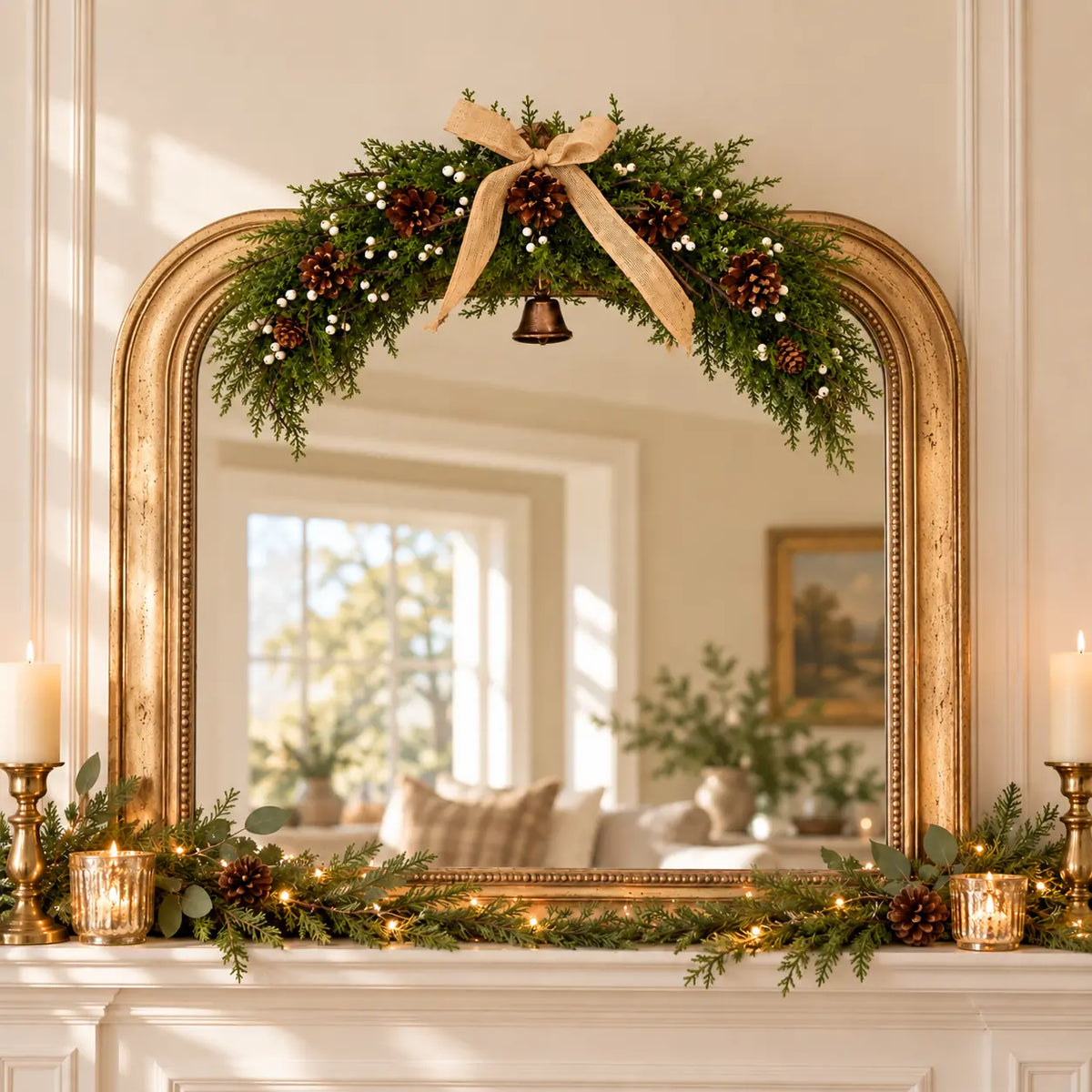 Spruce arched Christmas swag with white berries, pinecones, bells and a hessian bow centred at the top of a gold mirror above a festive fireplace
