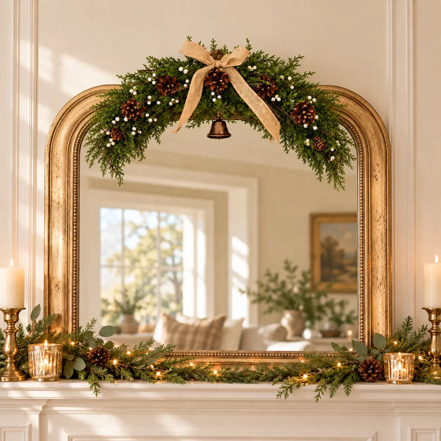 Spruce arched Christmas swag with white berries, pinecones, bells and a hessian bow centred at the top of a gold mirror above a festive fireplace