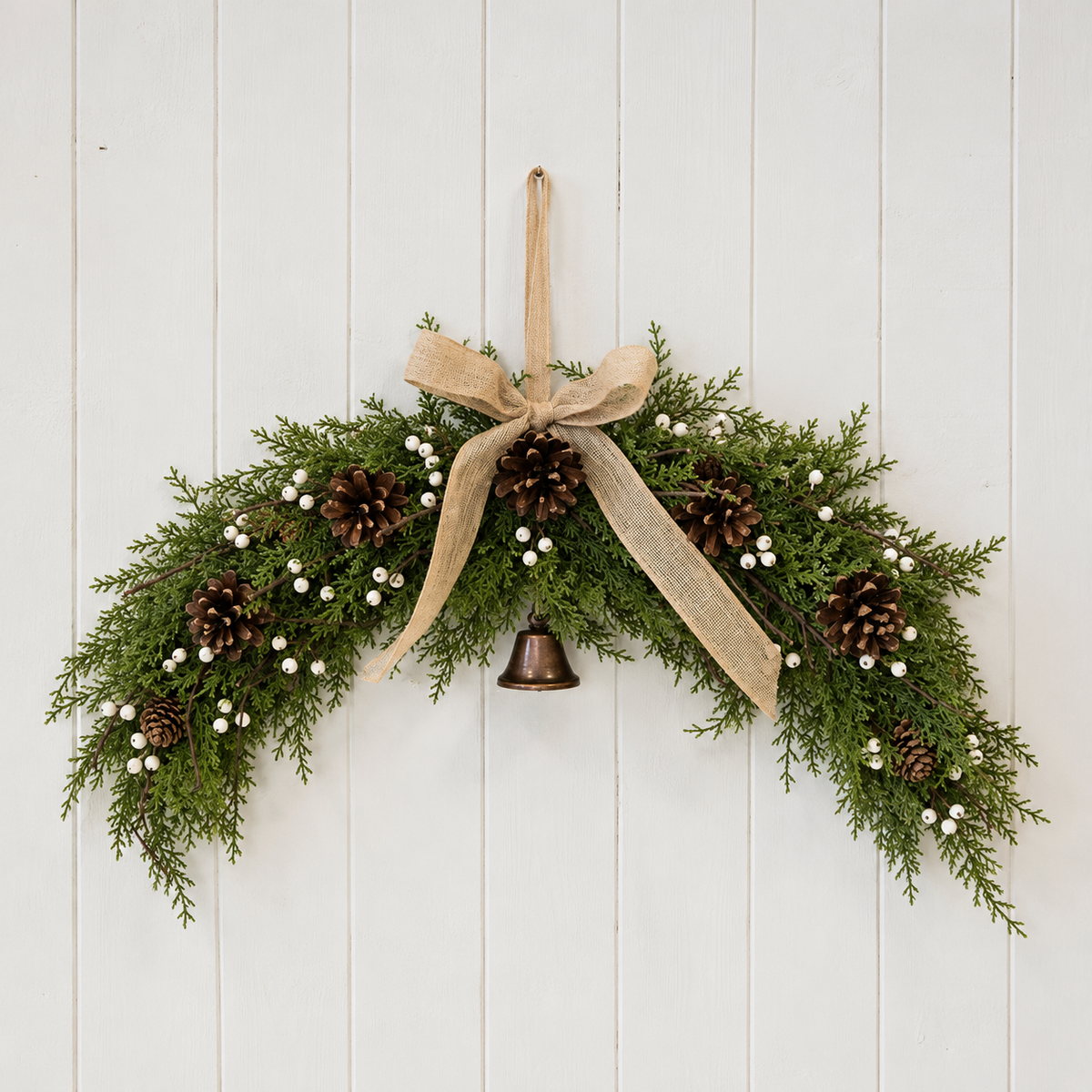 White berry arched Christmas swag with hessian bow and bell against light painted panelling