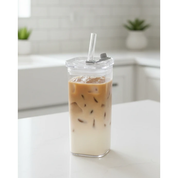 Square glass coffee cup with lid and straw by Starlight Express, clear glass design for kitchen and dining use
