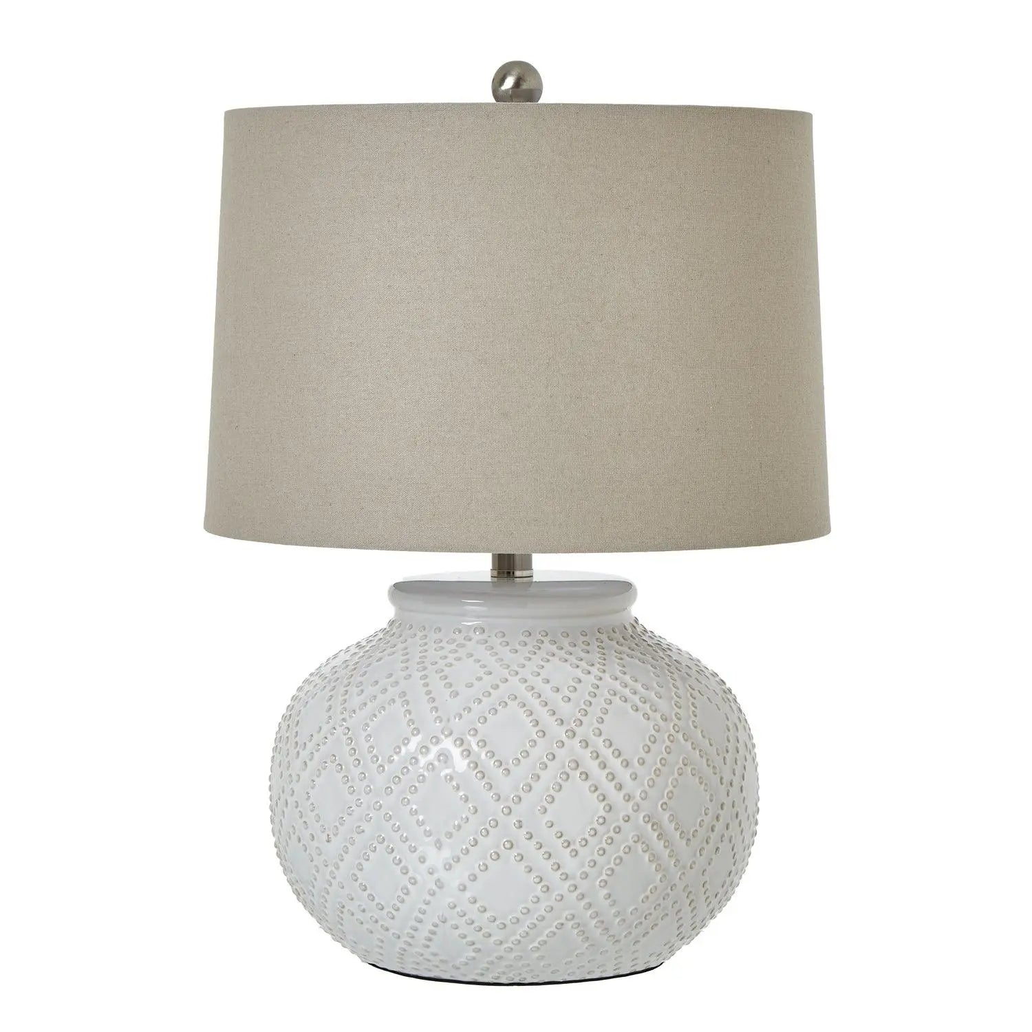 Squat White Beaded Ceramic Lamp With Linen Shade - LightingLighting - Lulu Loves Home