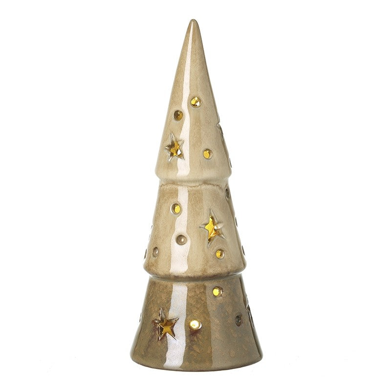 Star cut light-up fawn porcelain cone in cream, 18.8 cm high