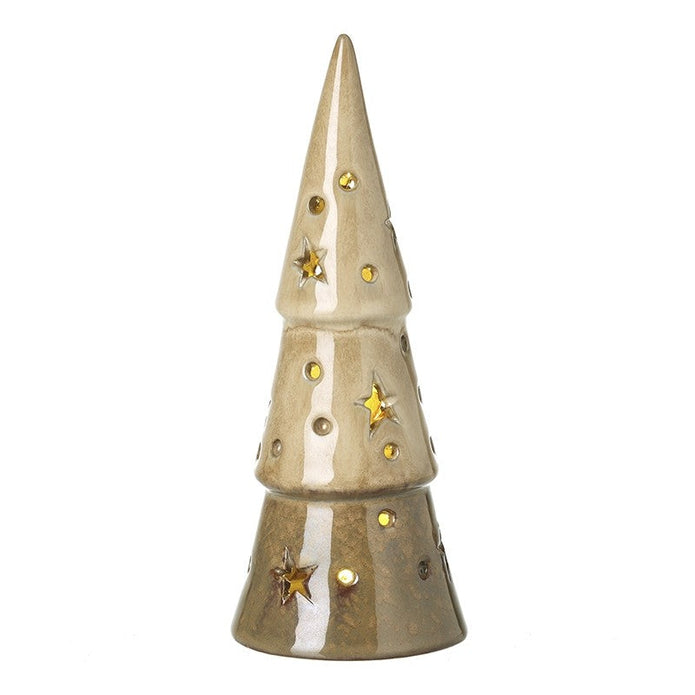 Star cut light-up fawn porcelain cone in cream, 18.8 cm high