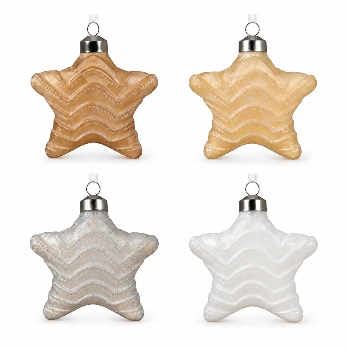 Four colour options of star wave glass hanging bauble on a white background, sold separately