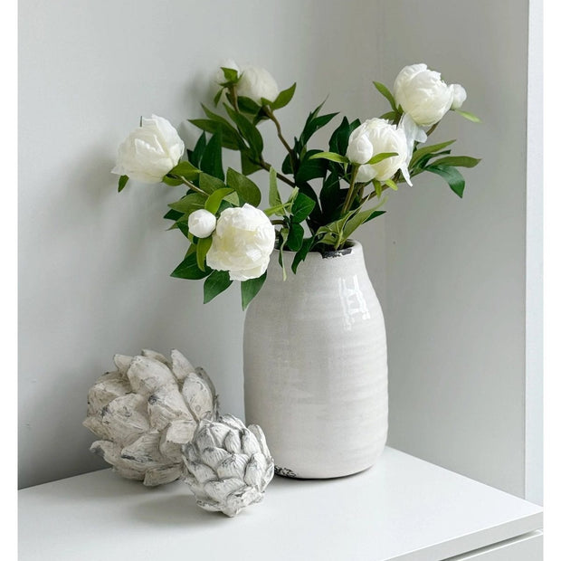 Artificial luxury white double peony flower stem by Starlight Express, realistic white peony blossom with green stem.