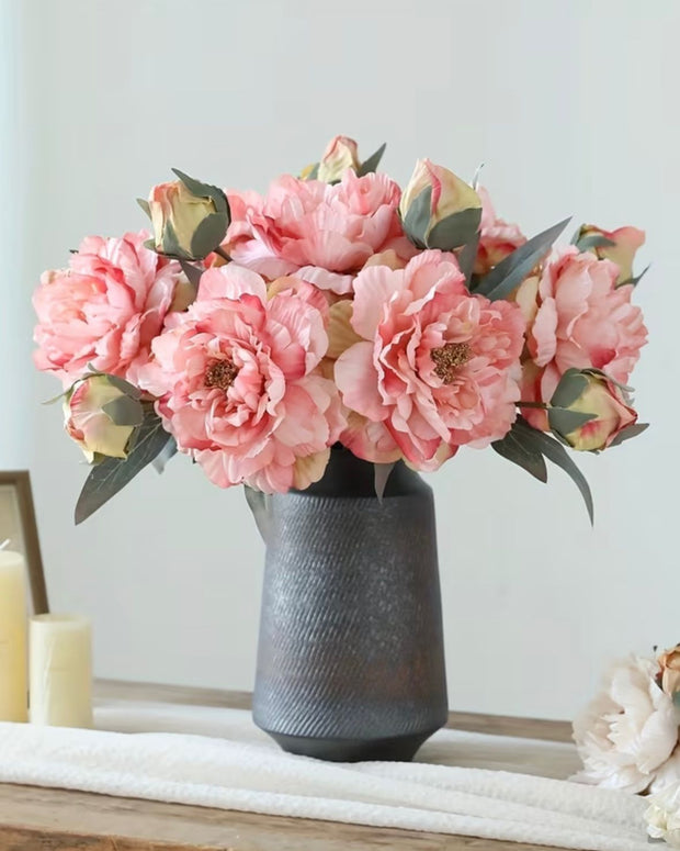 Artificial pink open double peony flower stem by Starlight Express, realistic pink peony with lush, vibrant petals for floral decor.