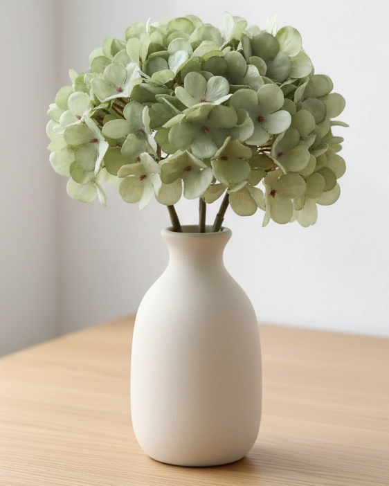 Artificial short sage green hydrangea stem by Starlight Express, with lush green blooms and realistic foliage for decorative floral arrangements.