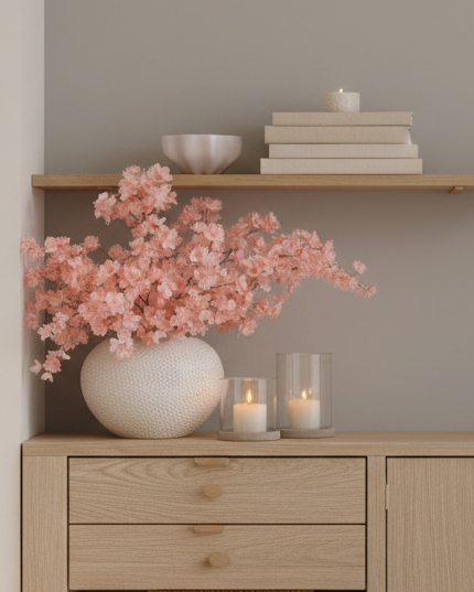 Artificial Soft Peach Blossom Stem from Starlight Express, realistic peach-colored flower branch for decorative floral arrangements.