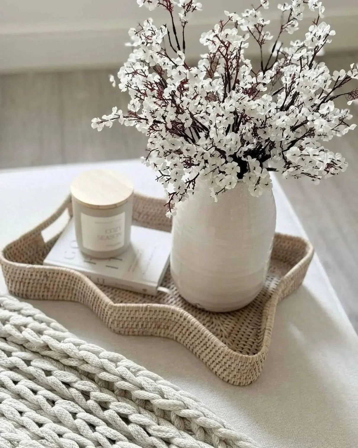 Artificial white and brown Gypsophila stem from Starlight Express, showing delicate blooms and realistic foliage for decorative use.