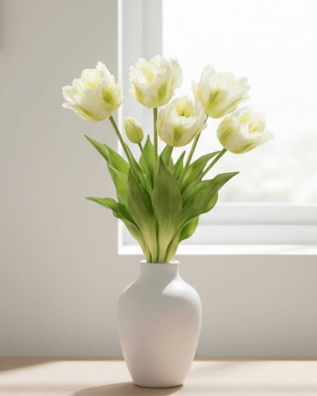 Bunch of 5 white artificial Parrot Tulip stems from Starlight Express, perfect for spring floral decor.