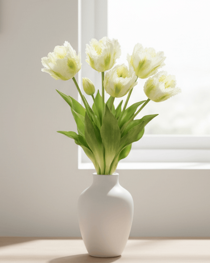 Bunch of 5 white artificial Parrot Tulip stems from Starlight Express, perfect for spring floral decor.