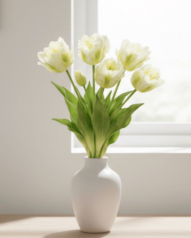 Bunch of 5 white artificial Parrot Tulip stems from Starlight Express, realistic spring flowers for home or event decor