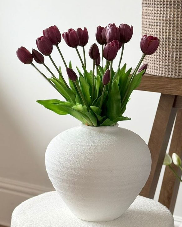 Burgundy artificial tulip stems, bunch of 5 spring flowers, Starlight Express brand, realistic faux plant for home decor
