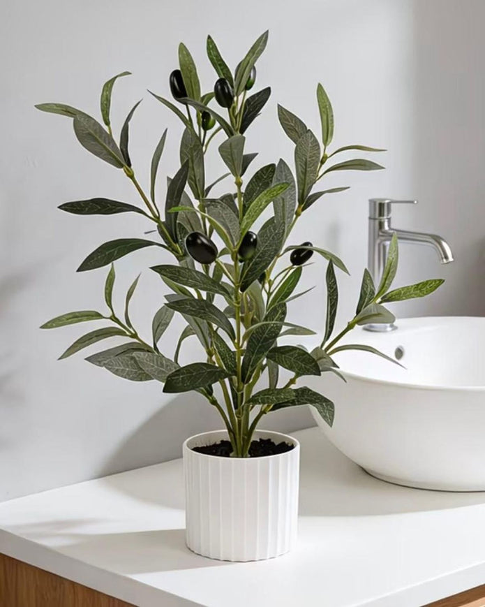 Small potted artificial olive tree from Starlight Express with realistic green leaves in a compact pot.