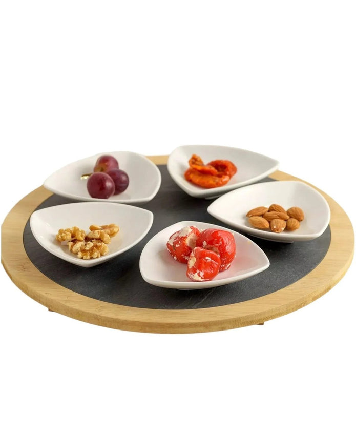 Set of 5 Ceramic Dishes with Round Slate Tray - Lulu Loves Home