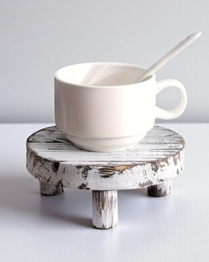 Set of three white washed round risers for home decor by Starlight Express, perfect for displaying vases or decorative items.