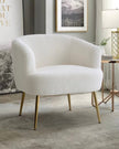 Cream boucle chair with gold hairpin legs from Starlight Express, modern furniture piece with plush upholstery and sleek design.