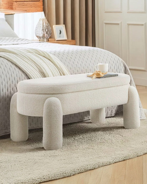 Cream Boucle Long Storage Foot Stool