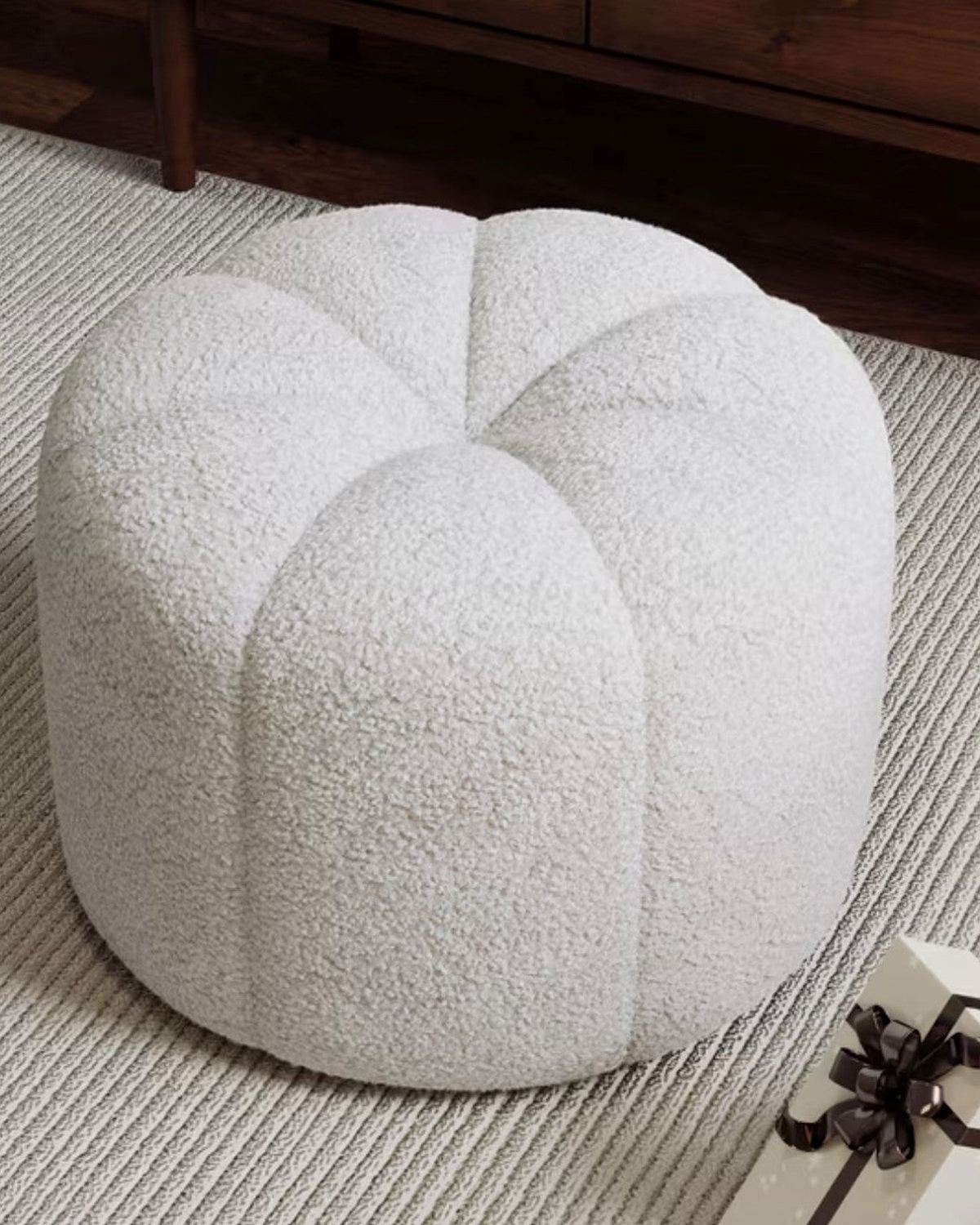 Cream boucle pleated foot stool by Starlight Express, stylish furniture piece with a soft, textured fabric and elegant design.