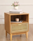 Natural framed rattan bedside lamp tables with one drawer, lightweight furniture piece from Starlight Express.