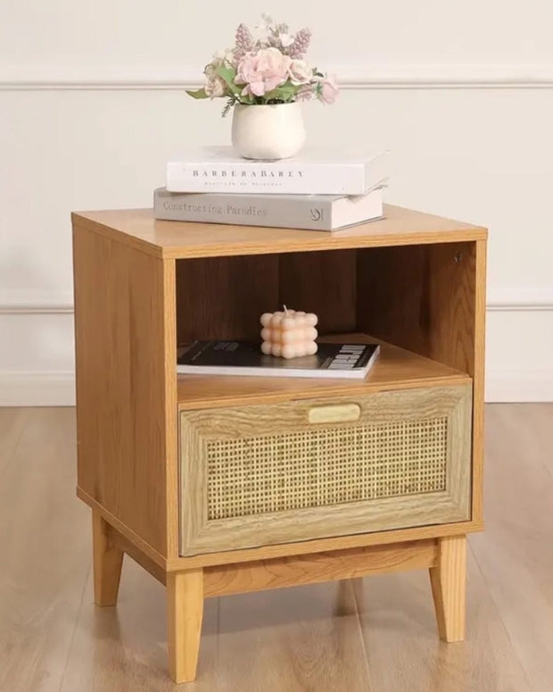 Natural framed rattan bedside lamp tables with one drawer, lightweight furniture piece from Starlight Express.
