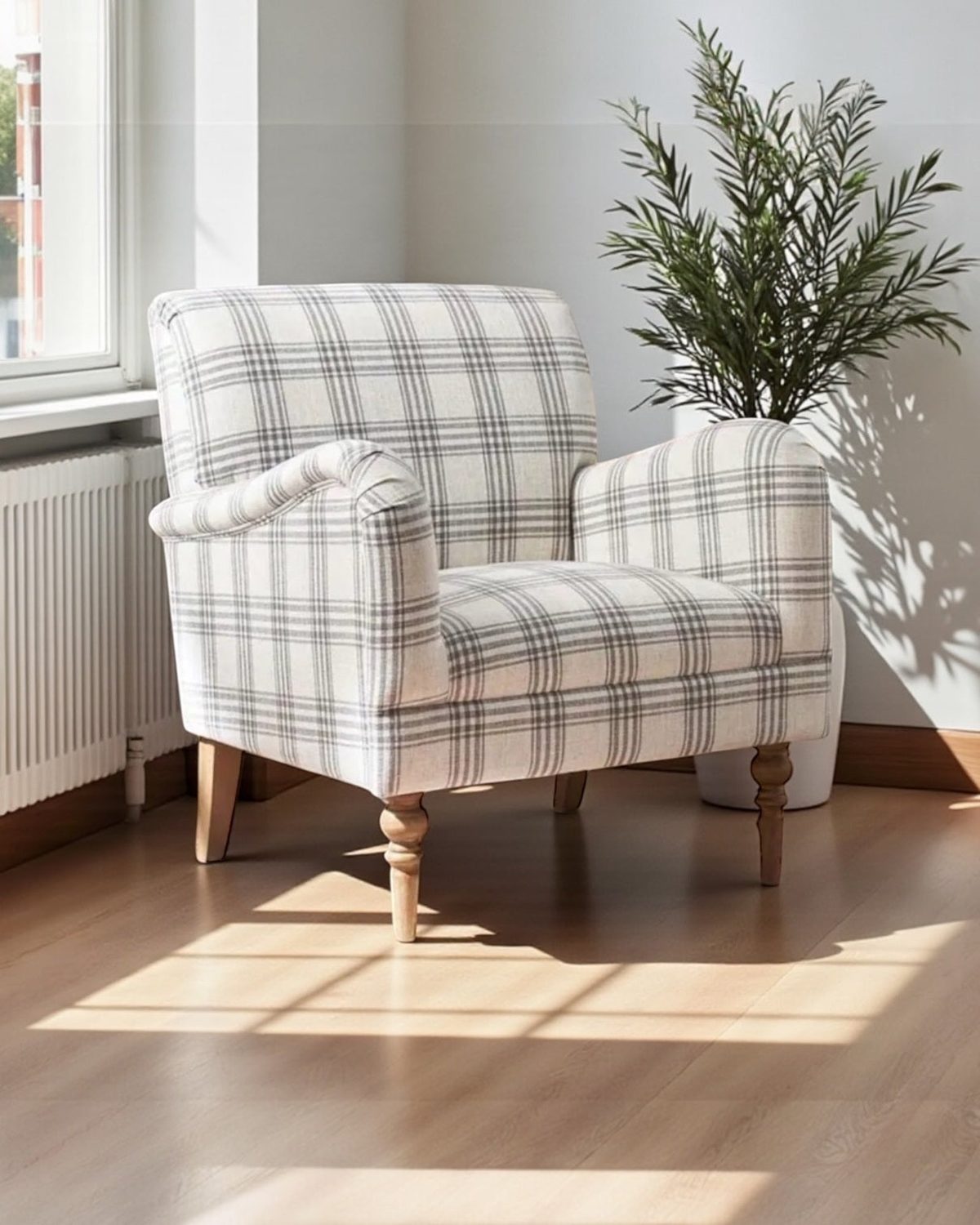 Modern neutral checked arm chair by Starlight Express, 75cm accent furniture with cushioned seat and wooden legs.