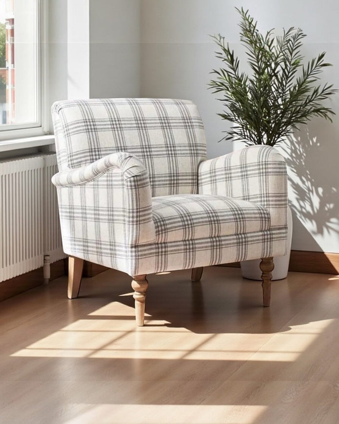 Modern neutral checked arm chair by Starlight Express, 75cm accent furniture with cushioned seat and wooden legs.