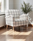Modern neutral checked arm chair by Starlight Express, 75cm accent furniture with cushioned seat and wooden legs.