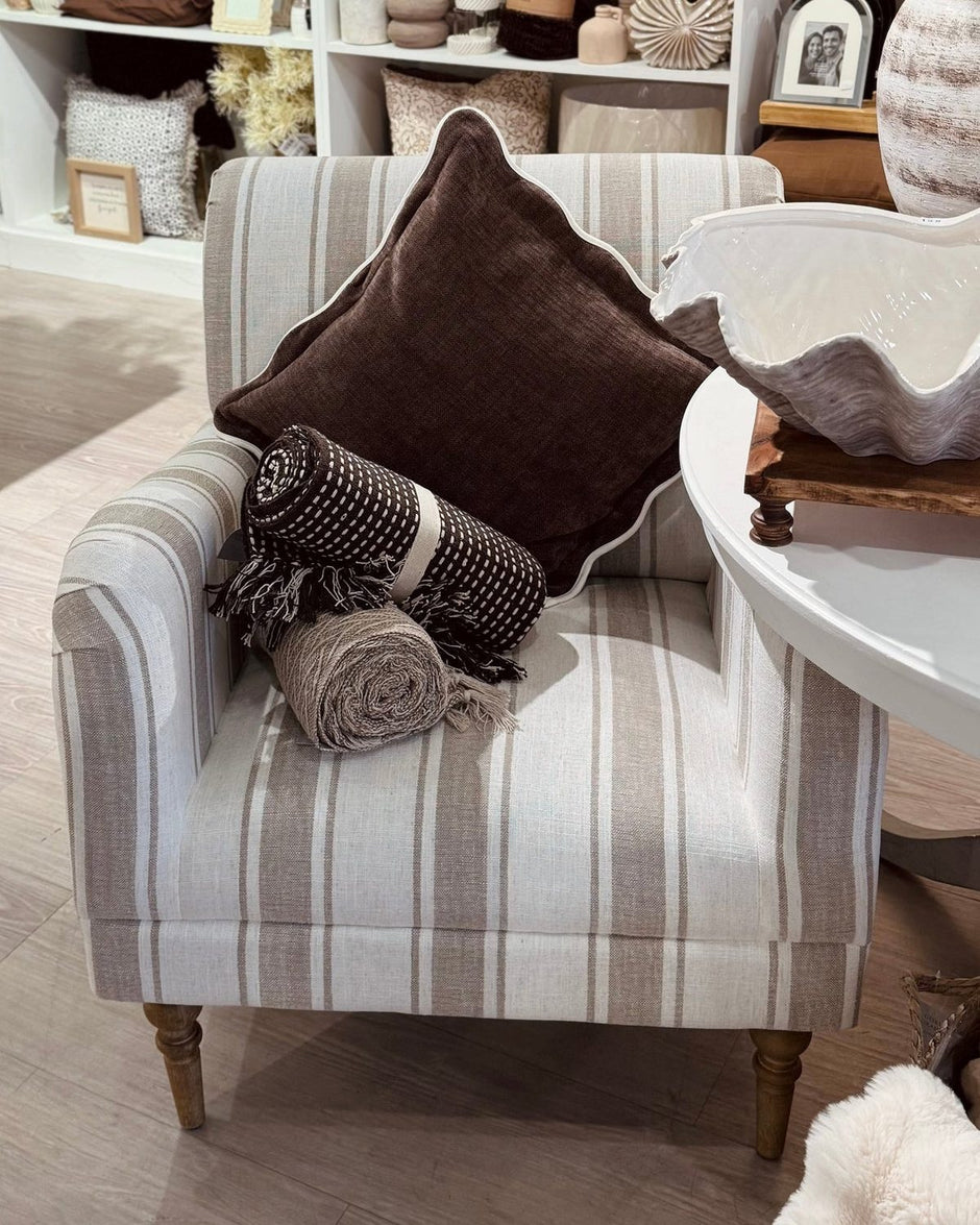 Neutral striped arm chair by Starlight Express, 75cm modern accent furniture with comfortable armrests and stylish design.