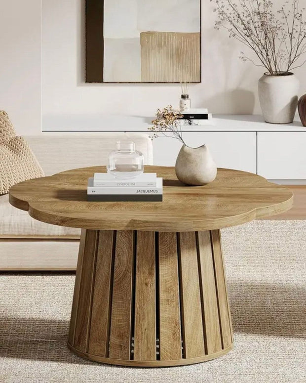 Rustic natural flower-shaped wood coffee table by Starlight Express, showcasing a unique floral design and warm wood finish.