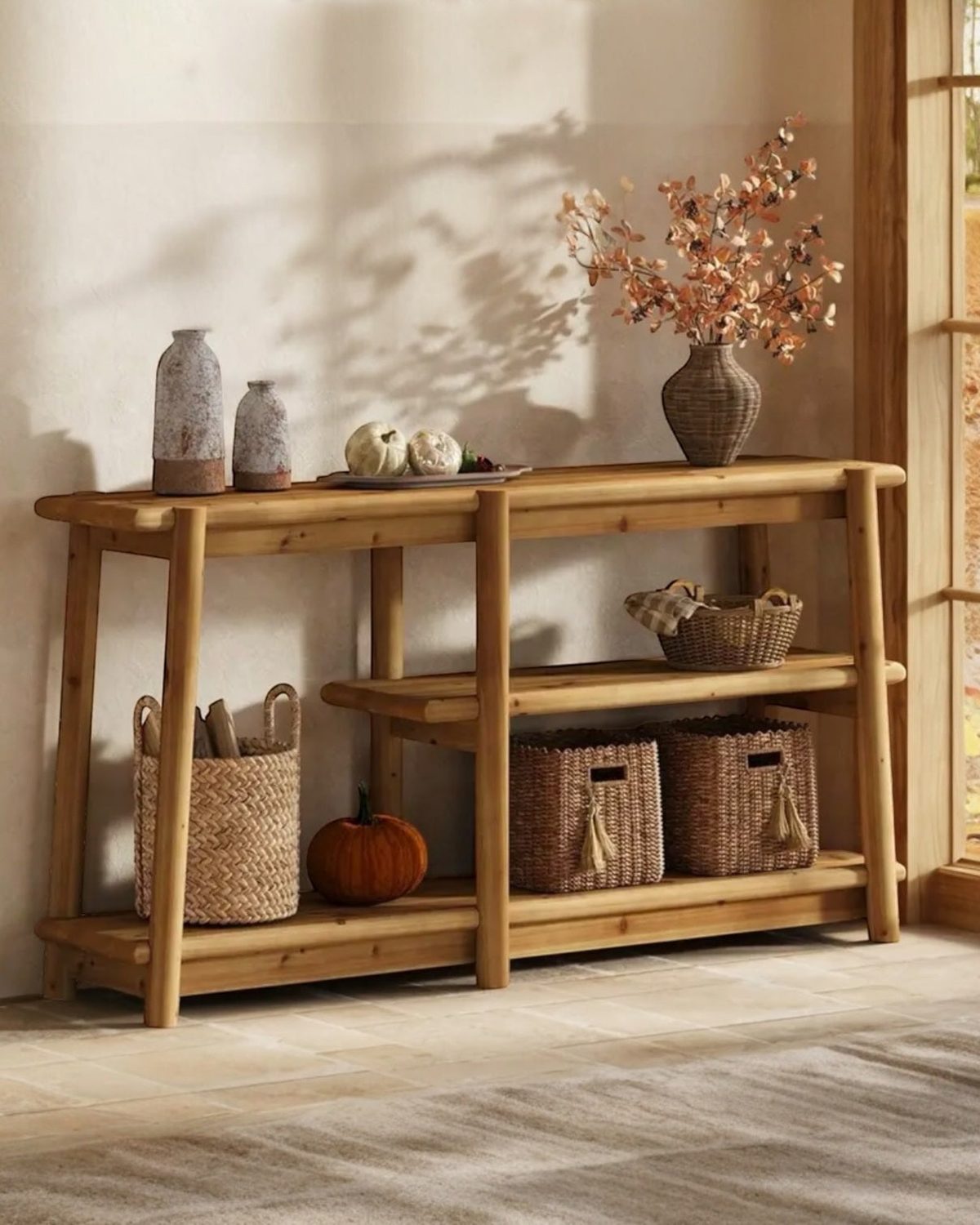 Rustic natural large wood console table by Starlight Express, showcasing sturdy wooden construction and elegant design for entryways.