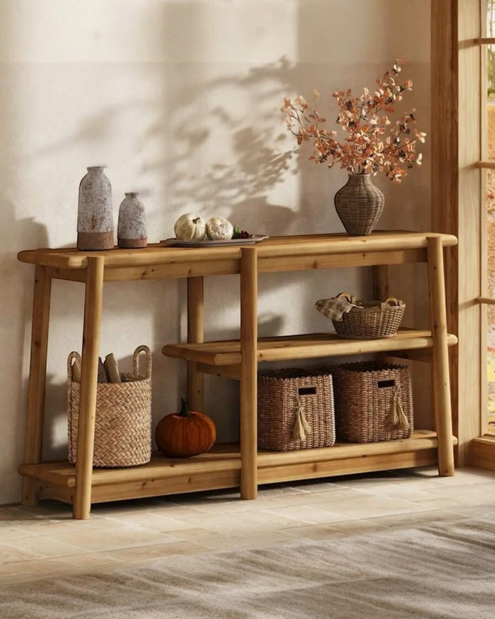 Rustic natural large wood console table by Starlight Express, showcasing sturdy wooden construction and elegant design for entryways.