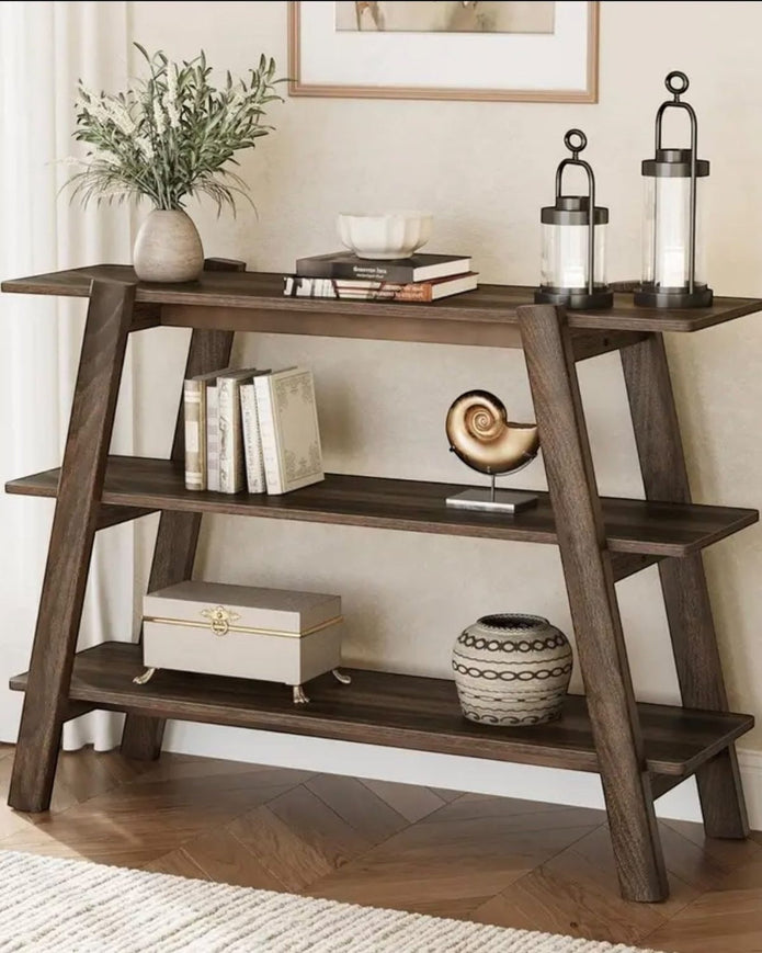 Rustic natural medium three-tier wood console table by Starlight Express, showcasing a sturdy wooden furniture piece with multiple shelves.
