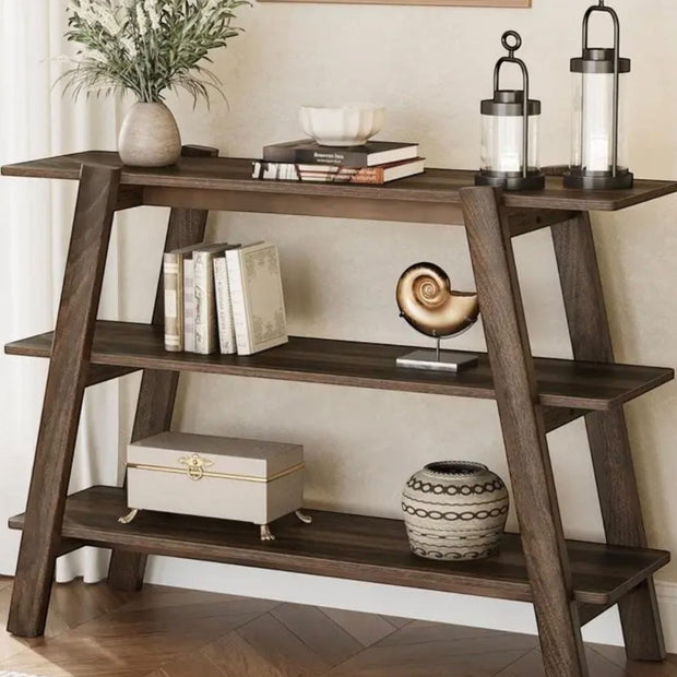 Rustic natural medium three-tier wood console table by Starlight Express, showcasing a sturdy wooden furniture piece with multiple shelves.