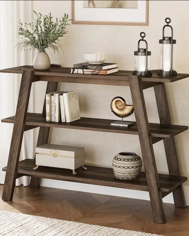 Rustic natural medium three-tier wood console table by Starlight Express, showcasing a sturdy wooden furniture piece with multiple shelves.