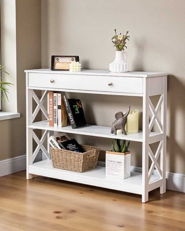 White medium wood console table by Starlight Express, showcasing its sleek design and sturdy construction for modern furniture.