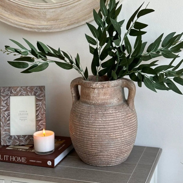 Siena Matt Brown Stone Amphora Vase from Hill Interiors, decorative brown ceramic vase with a classic amphora shape.
