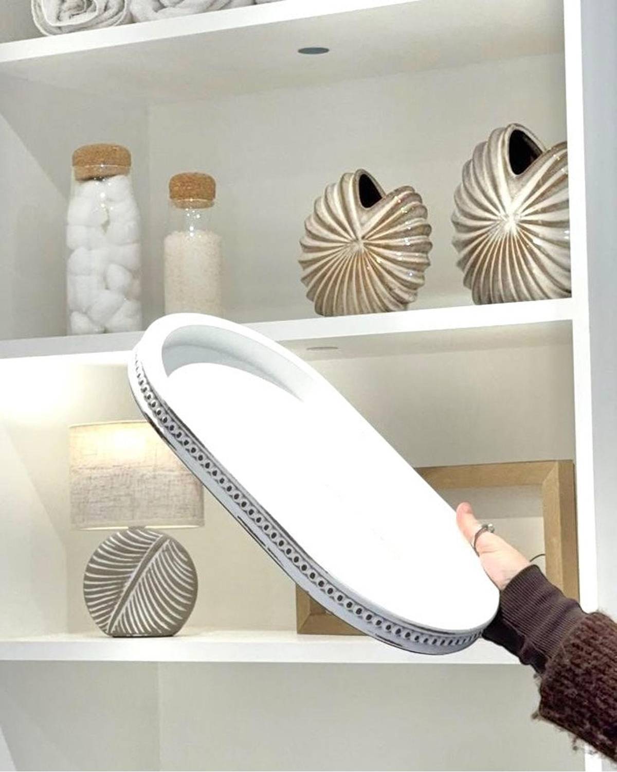 White wood oval beaded tray for home decor by Starlight Express, featuring a stylish beaded edge and smooth surface.
