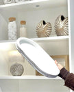 White wood oval beaded tray for home decor by Starlight Express, featuring a stylish beaded edge and smooth surface.