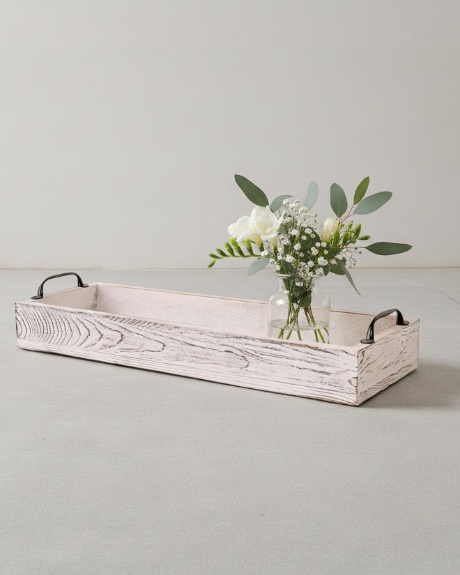 White wooden handled tray for home decor by Starlight Express, featuring a rectangular shape with raised edges and a smooth finish.