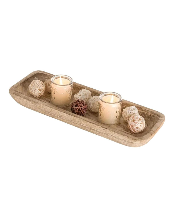 Starlight Express wooden dough bowl kitchen tray used as a rustic home decor piece with a natural wood finish.