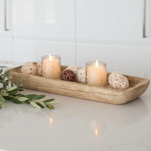 Starlight Express wooden dough bowl kitchen tray used as a stylish home decor piece with a rustic wooden finish.