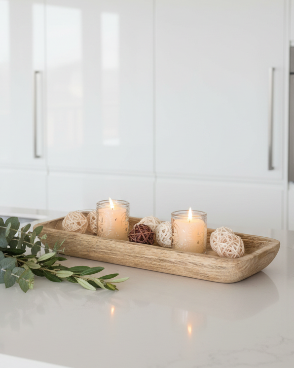 Starlight Express wooden dough bowl kitchen tray used as a stylish home decor piece with a rustic wooden finish.