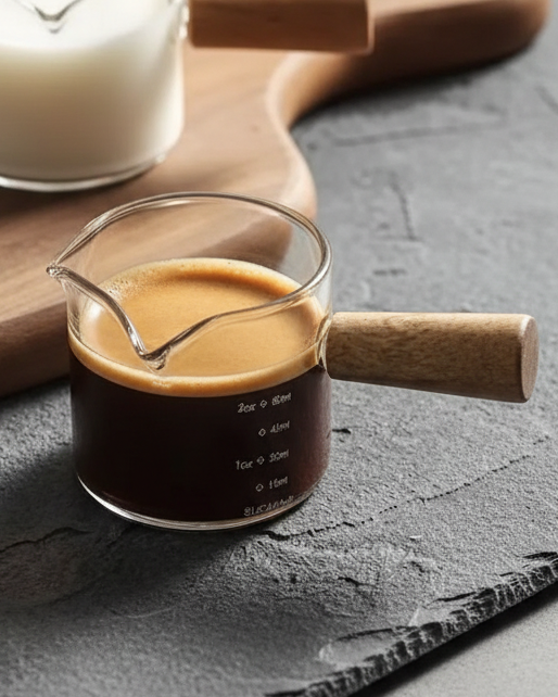 Glass Milk And Coffee Jug Pourer With Wooden Handle