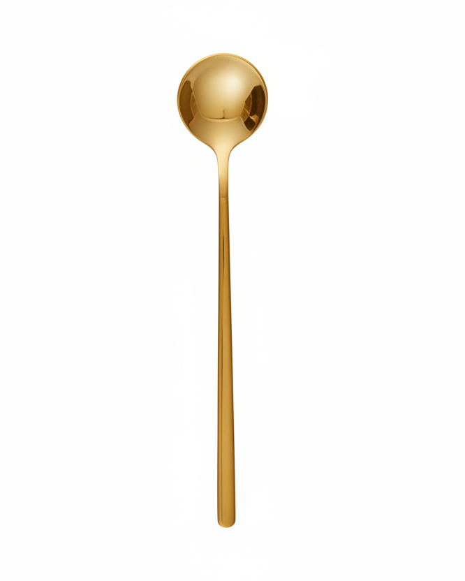 Gold round long latte spoon from Starlight Express, featuring a sleek design ideal for stirring coffee and espresso drinks.