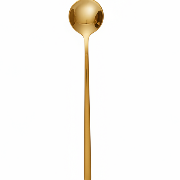 Gold round long latte spoon from Starlight Express, featuring a sleek design ideal for stirring coffee and espresso drinks.