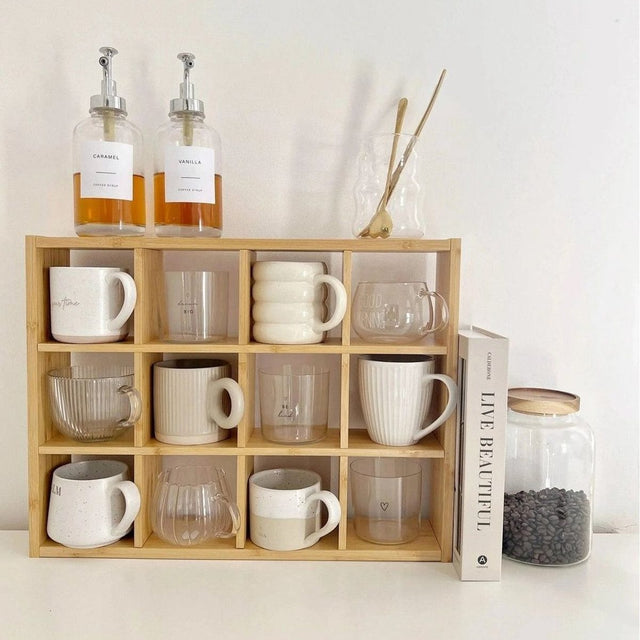 Light wood wooden mug display shelf unit by Starlight Express for kitchen and dining organization.