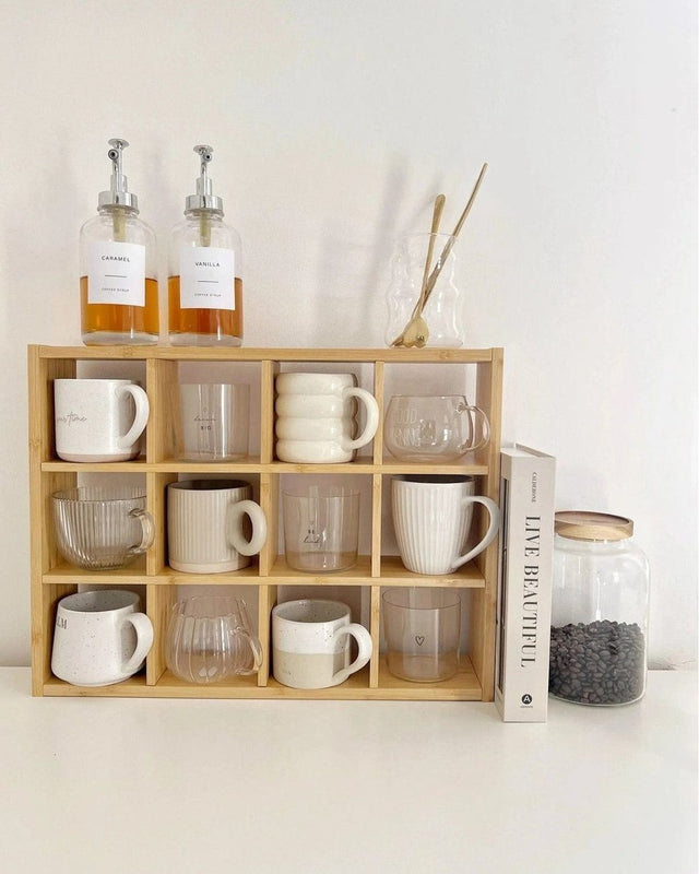 Light wood wooden mug display shelf unit by Starlight Express for kitchen and dining organization.