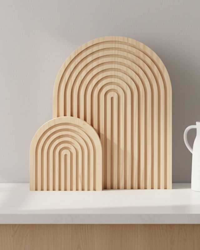 Set of 2 light wooden arch boards from Starlight Express, perfect for kitchen and dining serving or display.